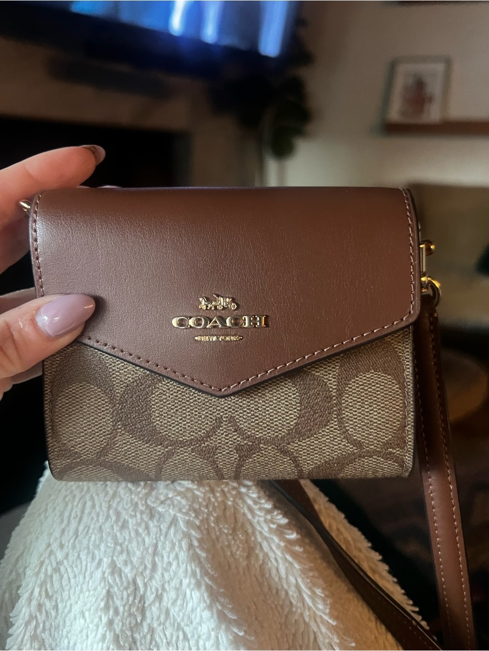 Coach Mini Envelope wallet with strap tan and brown